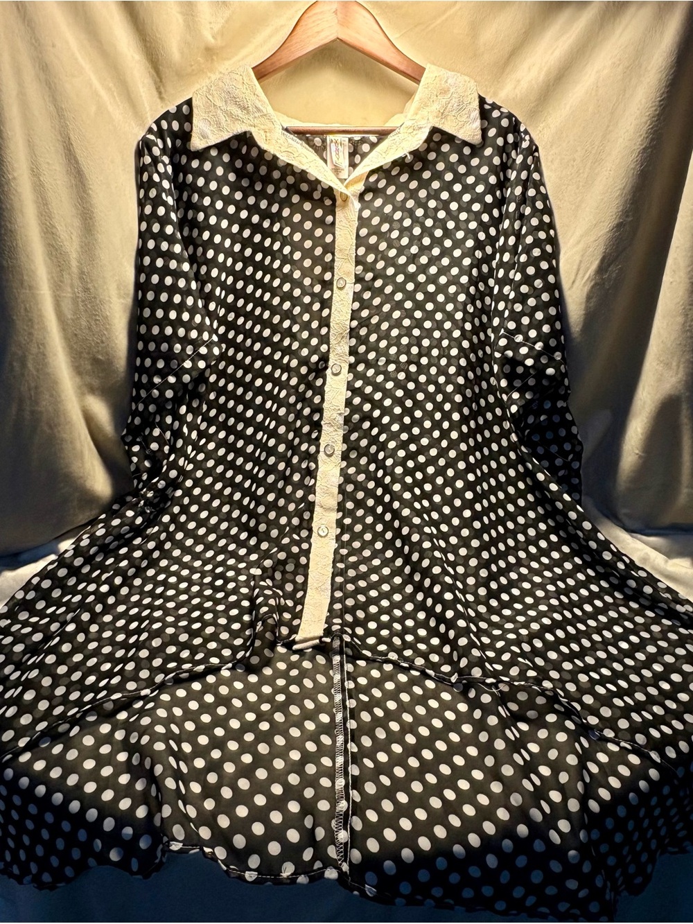 Yummy Plus Black Polka Dot Button-Down Blouse with Cream Lace Trim